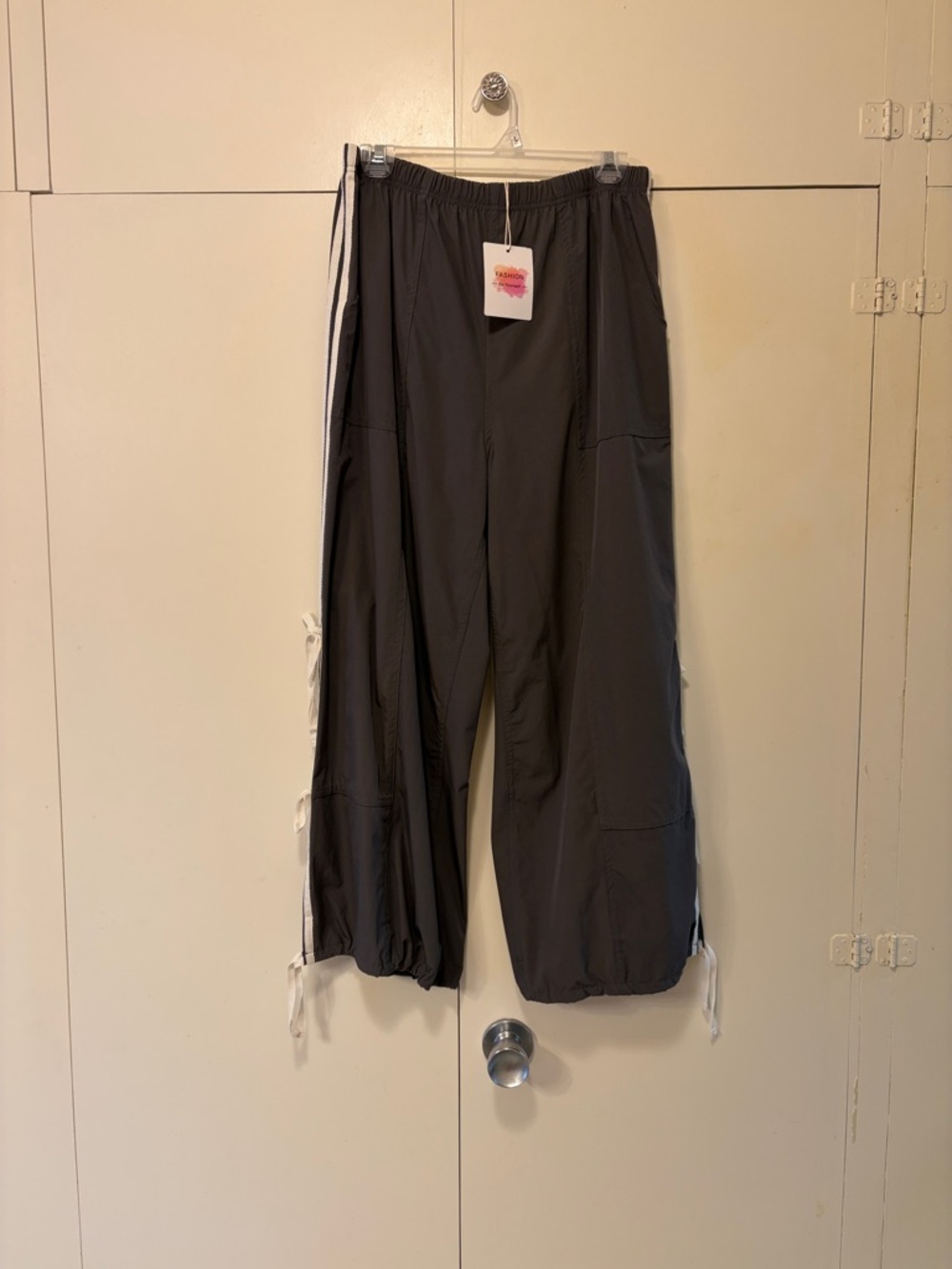 NWT Charcoal Gray Track Pants with White Side Stripes, Ties and Slits